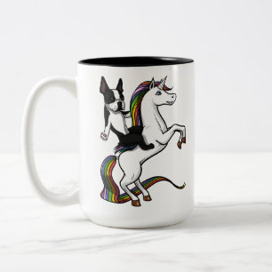 Funny Boston Terrier Dog Riding Unicorn Tweekleurige Koffiemok