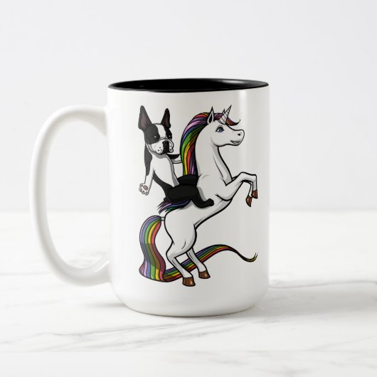 Funny Boston Terrier Dog Riding Unicorn Tweekleurige Koffiemok (Links)