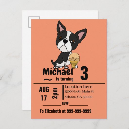 Funny Boston Terrier en Ice Cream Birthday Party Uitnodiging Briefkaart (Voorkant / Achterkant)