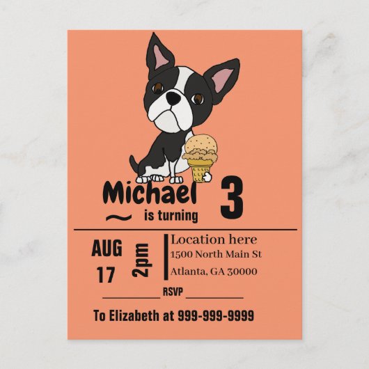 Funny Boston Terrier en Ice Cream Birthday Party Uitnodiging Briefkaart (Voorkant)