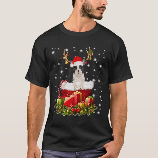 Funny Boston Terrier Reindeer in Santa Sack Box Co T-shirt (Voorkant)