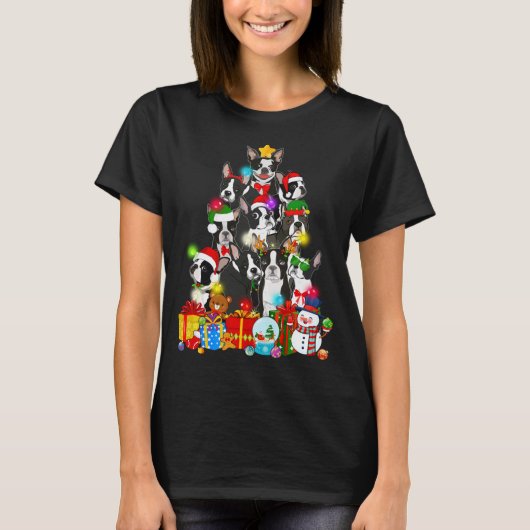 Funny Boston Terrier Santa Tree Lights Puppy D T-shirt (Voorkant)