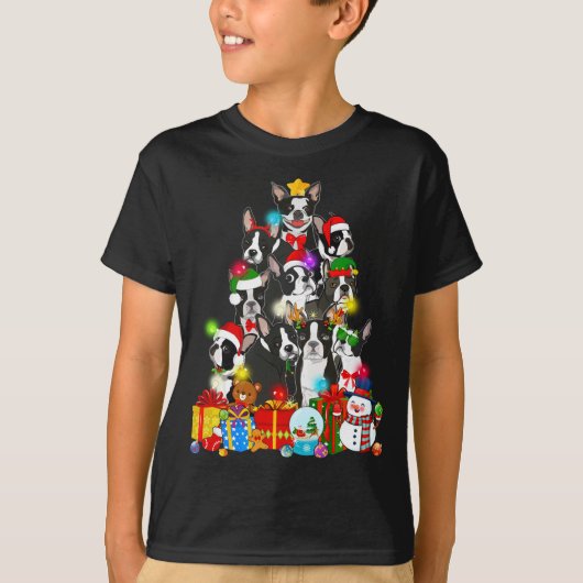 Funny Boston Terrier Santa Tree Lights Puppy D T-shirt (Voorkant)
