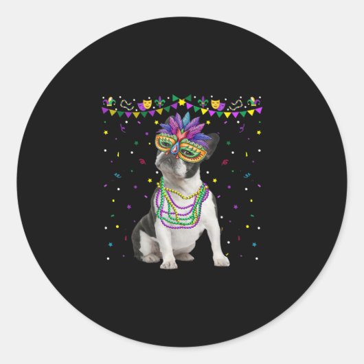 Funny Boston Terrier Wearing Carnival Mask Mardi Ronde Sticker (Voorkant)