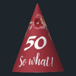 Funny Bourgondië Rozen Floral 50th Birthday Feesthoedjes<br><div class="desc">Inspirerend en grappige Bourgondische rozen bloemenfeest 50ste verjaardagsfeestje pet. Inspirerend tekst 50 dus wat is een wit script en is perfect feest pet voor een vrouw vieren haar 50 jaar en heeft een gevoel voor humor. Het ontwerp heeft mooie waterverf rode rozen en twijgen en een donkerrode achtergrond en is...</div>