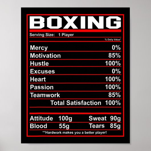Funny Boxing Nutrition Facts Boxer Poster (Voorkant)
