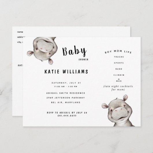 Funny Boy Life Hippo Baby shower Uitnodiging (Voorkant / Achterkant)