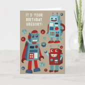 Funny Boys Verjaardag Kaart met Retro Robots (Voorkant)