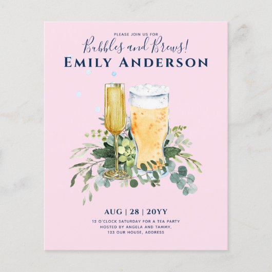 Funny Bridal Shower Invitae Bubbles n Brews Flyer (Voorkant)