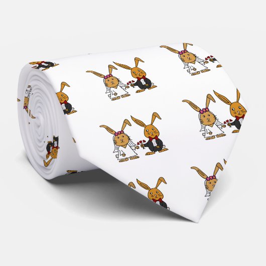 Funny Bride en Groom Brown Rabbit Wedding Cartoon Stropdas (Opgerold)