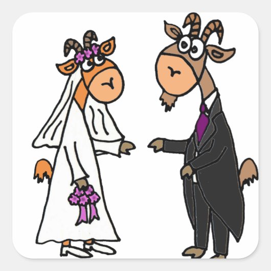 Funny Bride en Groom Goat Wedding Vierkante Sticker (Voorkant)