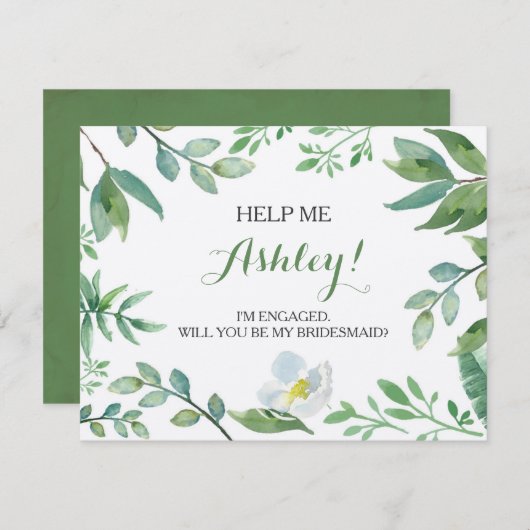 Funny BRIDESMAID VOORSTEL card, Greenery Kaart (Voorkant / Achterkant)