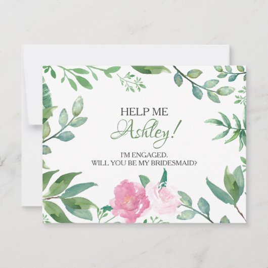 Funny BRIDESMAID VOORSTEL card, Greenery Pink Rose Kaart (Voorkant)