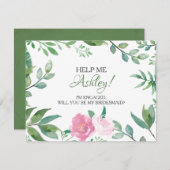 Funny BRIDESMAID VOORSTEL card, Greenery Pink Rose Kaart (Voorkant / Achterkant)