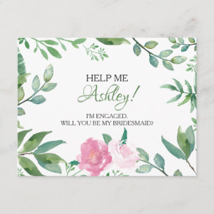 Funny BRIDESMAID VOORSTEL card, Greenery Pink Rose Kaart