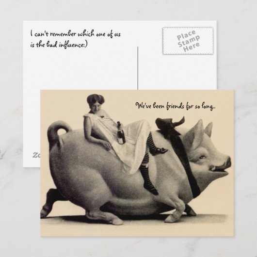 Funny  Briefkaart dame op een varken (Voorkant / Achterkant)