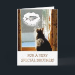 Funny Brother Cat and Fish Birthday Kaart<br><div class="desc">Fun-kaart met een schattig kat dat droomt van een mooie grote vis. Geweldig voor de broer die van vissen houdt! Pas het bericht aan creëer uw eigen speciale groet aan. Bedankt om te kijken en te hopen dat je geniet. Foto ©Christine Greenspan</div>