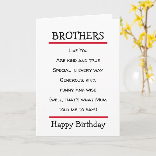 Funny Brothers Cheeky Poem Birthday Card Kaart (Gele Bloem)