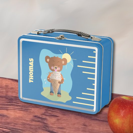 Funny Brown Bear with Ice Cream Kid Metal Lunchbox