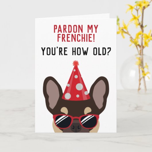 Funny Brown en Tan French Bulldog Birthday Kaart (Gele Bloem)