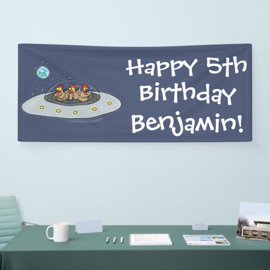 Funny brown farmyard chickens in space cartoon spandoek (Beurs)