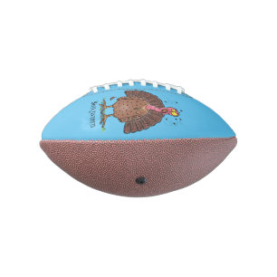 Funny brown farmyard turkey met vliegende cartoon american football