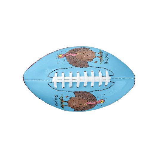 Funny brown farmyard turkey met vliegende cartoon american football (Voorkant)