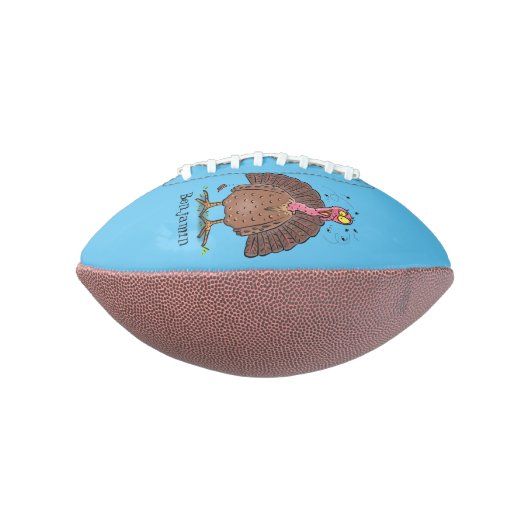 Funny brown farmyard turkey met vliegende cartoon american football (Gedraaid 90)