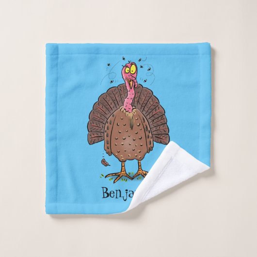 Funny brown farmyard turkey met vliegende cartoon bad handdoek (Wasdoekje)