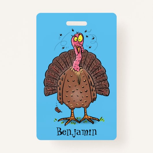 Funny brown farmyard turkey met vliegende cartoon badge (Voorkant)