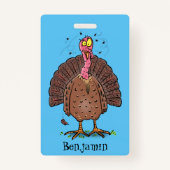 Funny brown farmyard turkey met vliegende cartoon badge (Achterkant)