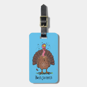 Funny brown farmyard turkey met vliegende cartoon bagagelabel