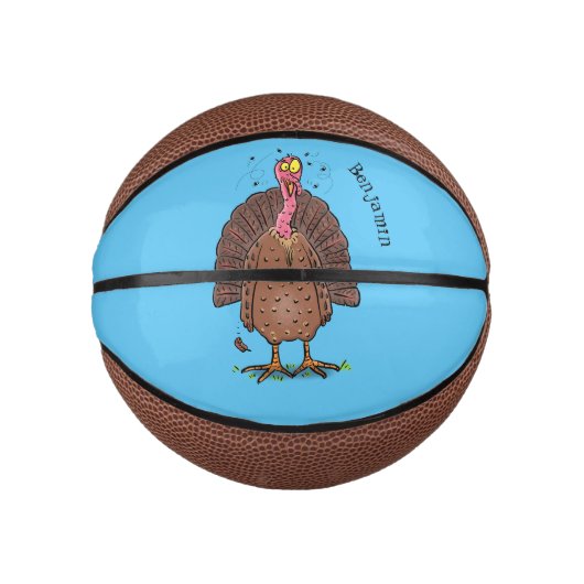 Funny brown farmyard turkey met vliegende cartoon basketbal (Voorkant)