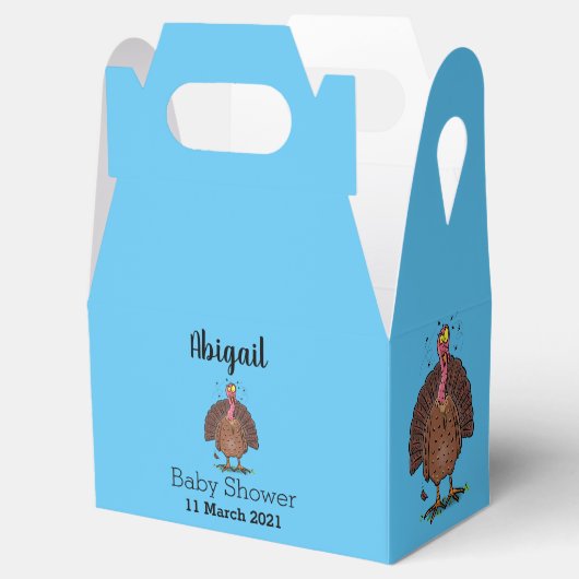 Funny brown farmyard turkey met vliegende cartoon bedankdoosjes (Geopend)