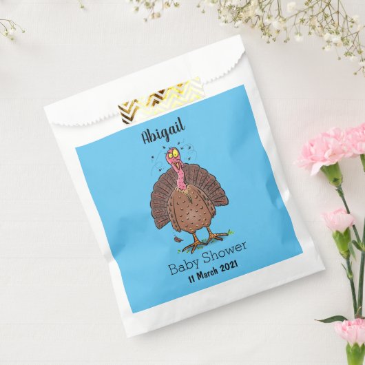 Funny brown farmyard turkey met vliegende cartoon bedankzakje (Gezegeld)