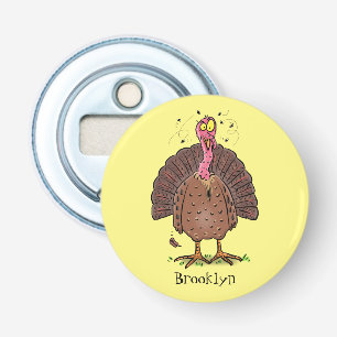 Funny brown farmyard turkey met vliegende cartoon button flesopener