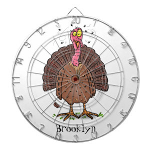 Funny brown farmyard turkey met vliegende cartoon dartbord