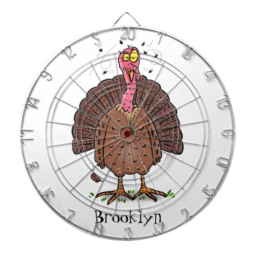 Funny brown farmyard turkey met vliegende cartoon dartbord (Voorkant)