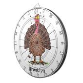 Funny brown farmyard turkey met vliegende cartoon dartbord (Voorkant Rechts)