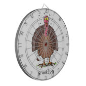Funny brown farmyard turkey met vliegende cartoon dartbord (Voorkant Links)