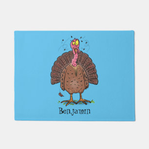 Funny brown farmyard turkey met vliegende cartoon deurmat