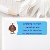 Funny brown farmyard turkey met vliegende cartoon etiket (Insitu)