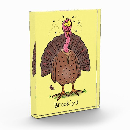 Funny brown farmyard turkey met vliegende cartoon fotoblokken (Links)