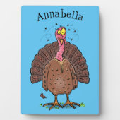 Funny brown farmyard turkey met vliegende cartoon fotoplaat (voorkant)