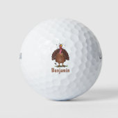 Funny brown farmyard turkey met vliegende cartoon golfballen (Voorkant)