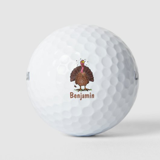 Funny brown farmyard turkey met vliegende cartoon golfballen (Voorkant)