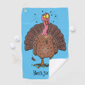 Funny brown farmyard turkey met vliegende cartoon golfhanddoek (Insitu)