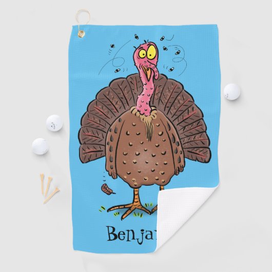 Funny brown farmyard turkey met vliegende cartoon golfhanddoek (Insitu)