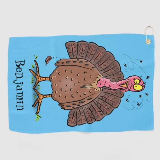 Funny brown farmyard turkey met vliegende cartoon golfhanddoek (Horizontaal)