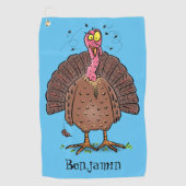 Funny brown farmyard turkey met vliegende cartoon golfhanddoek (Voorkant)